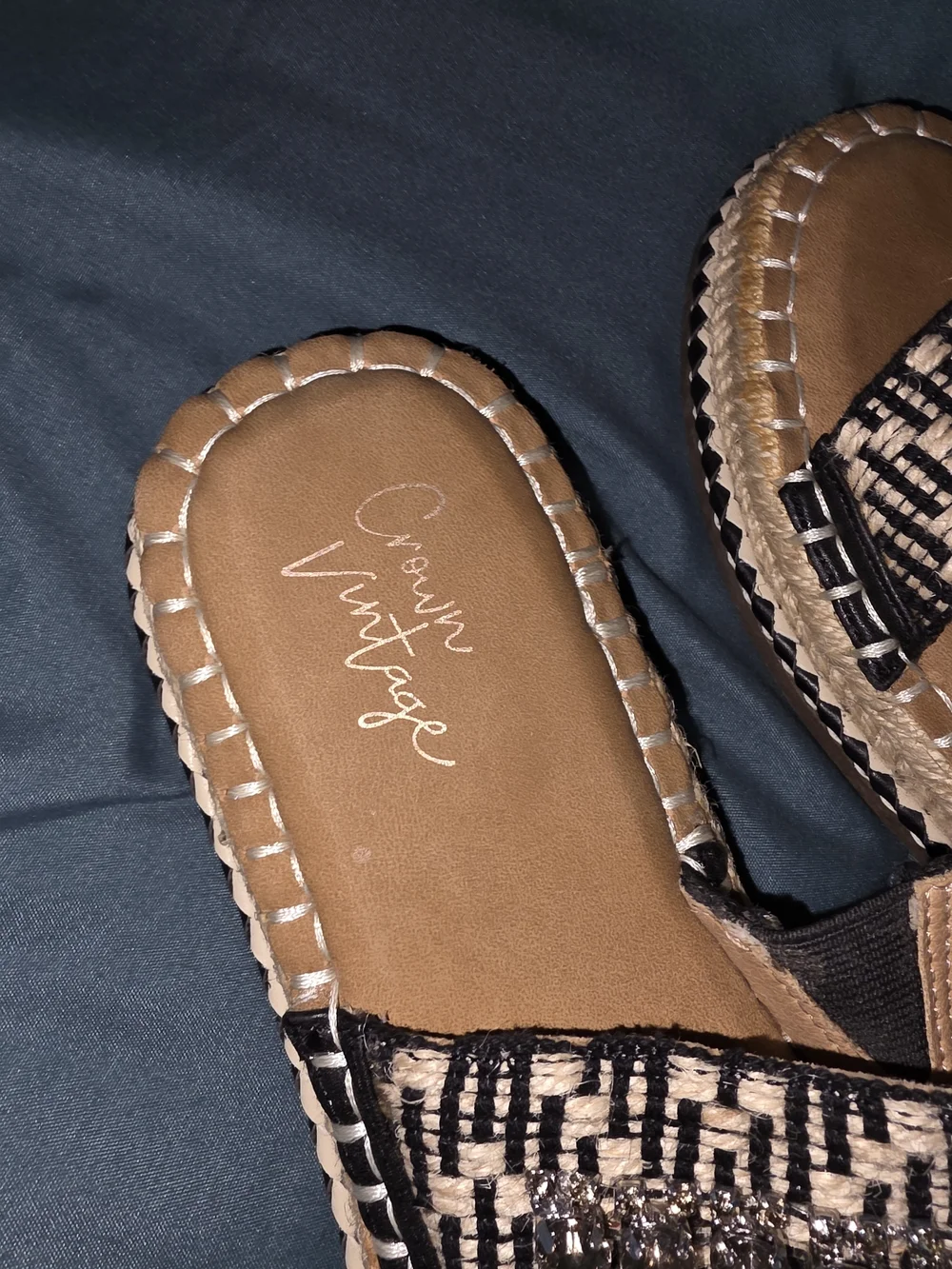 Crown Vintage Black and Tan Woven Slide Sandals with Sparkle Straps